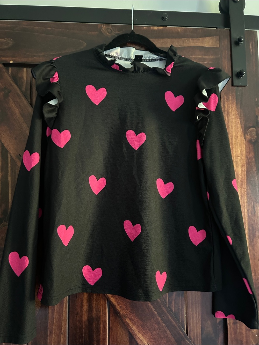 SHEIN Black Long Sleeve Top with Hot Pink Heart Print